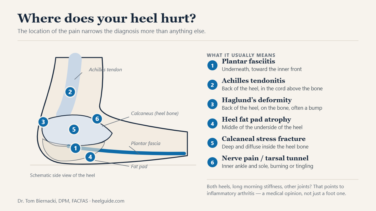 Schematic side view of the heel showing six pain locations numbered and mapped to plantar fasciitis, Achilles tendonitis, Haglund’s deformity, heel fat pad atrophy, calcaneal stress fracture and nerve pain.