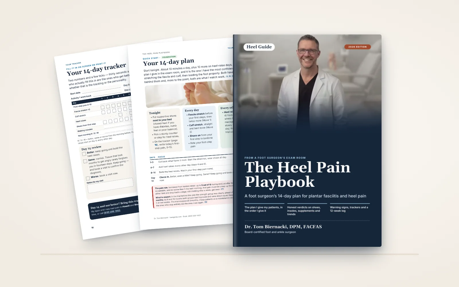 The Heel Pain Playbook by Dr. Tom Biernacki, with two pages from the free sample: the 14-day plan and the 14-day tracker