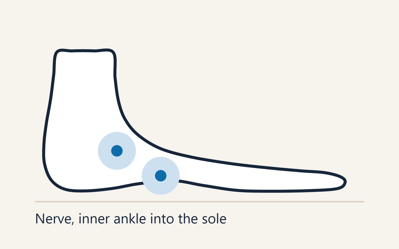 Side view of the heel marking the tarsal tunnel behind the inner ankle and into the sole